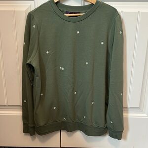 Green Crewneck Sweater with Floral Embroidery